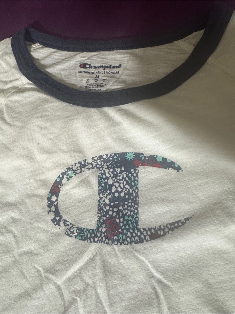 Champion White Tee with Navy Trim and Floral Logo - Picture 3 of 5